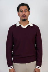 Premium Longsleeve Knit Polo "Leonardo" Bordeaux / White