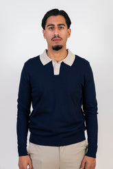 Longsleeve Knit Polo "Marcello" Dark Blue / Beige